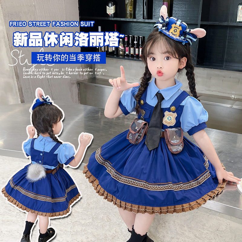 小女孩夏季兔子警官连衣裙