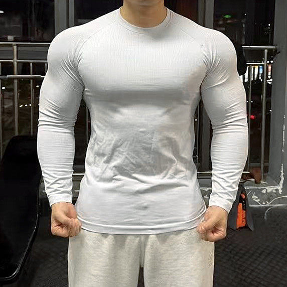 鲨鱼纹无缝长袖运动T恤男紧身透气速干高弹健身房训练服肌肉上衣