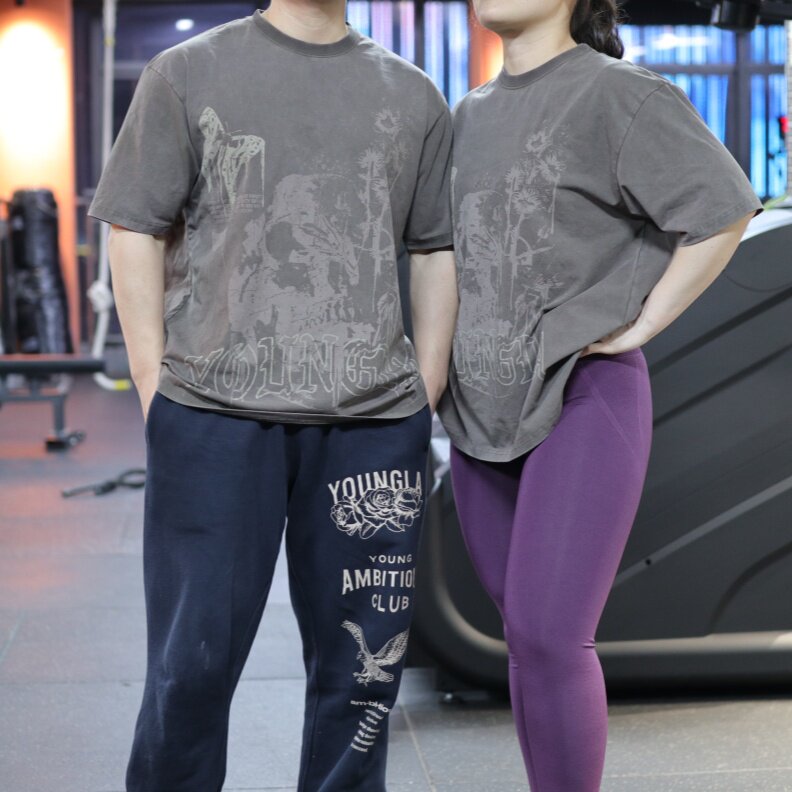 街头风YoungLa宽松短袖印花T恤男女做旧灰色潮流爆款运动健身上衣