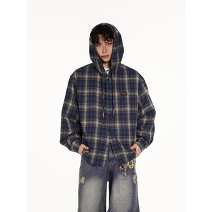 格子衬衫 York 连帽重磅长袖 新品 复古宽松情侣潮流格纹 Zoom春季