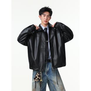 YORKZOOM美式 翻领宽松机车夹克外套潮牌痞帅 复古黑色皮衣男短款