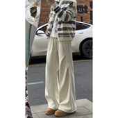 YORKZOOM美式 子 宽松垂感褶皱灯芯绒裤 休闲裤 男松紧腰米白直筒长裤