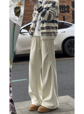 YORKZOOM美式休闲裤男松紧腰米白直筒长裤宽松垂感褶皱灯芯绒裤子