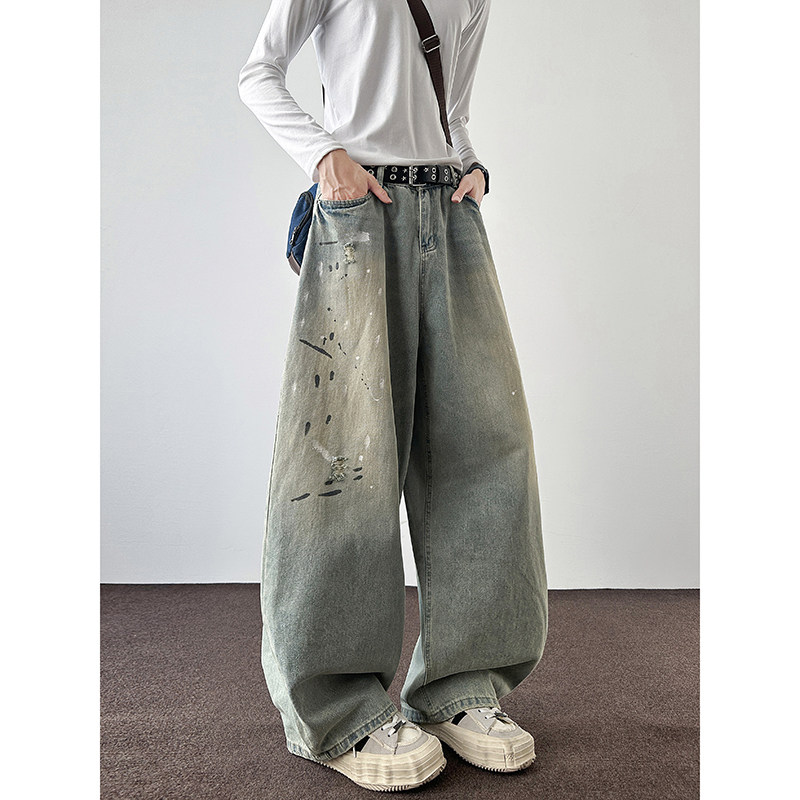 YORKZOOM美式复古泼墨水洗牛仔裤男宽松阔腿直筒长裤潮牌设计感,男装,牛仔裤,淘宝优惠券,粉丝福利购,淘宝优惠卷