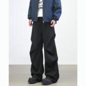 Zoom秋冬美式 宽松褶皱阔腿拖地微喇垂感休闲裤 黑色西裤 York 男款