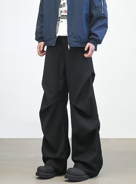 York Zoom秋冬美式宽松褶皱阔腿拖地微喇垂感休闲裤黑色西裤男款