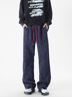 York Zoom秋季新款美式破坏扎染水洗运动卫裤长裤男直筒百搭透气