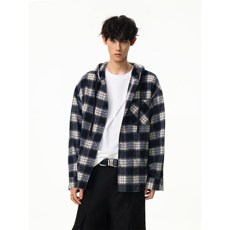 日系复古宽松连帽格子衬衫