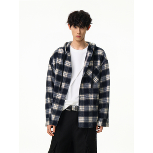 York 男女秋休闲情侣格纹衬衣外套 Zoom日系复古宽松连帽格子衬衫