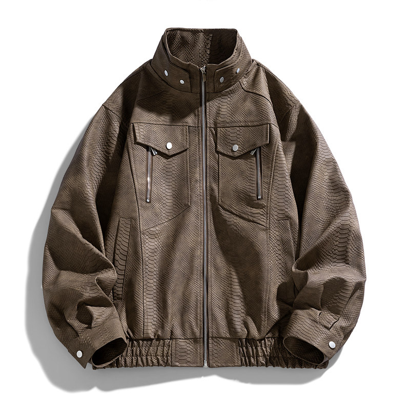 YORKZOOM美式复古立领机车夹克男春秋宽松蛇纹PU皮衣外套高级感,男装,夹克,淘宝优惠券,粉丝福利购,淘宝优惠卷