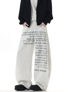 YORKZOOM秋冬新款加绒加厚字母印花运动灰色卫裤美式复古长裤宽松