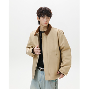 YORKZOOM秋冬新款 翻领拼接老钱风加厚棉服夹克棉衣男百搭宽松潮流