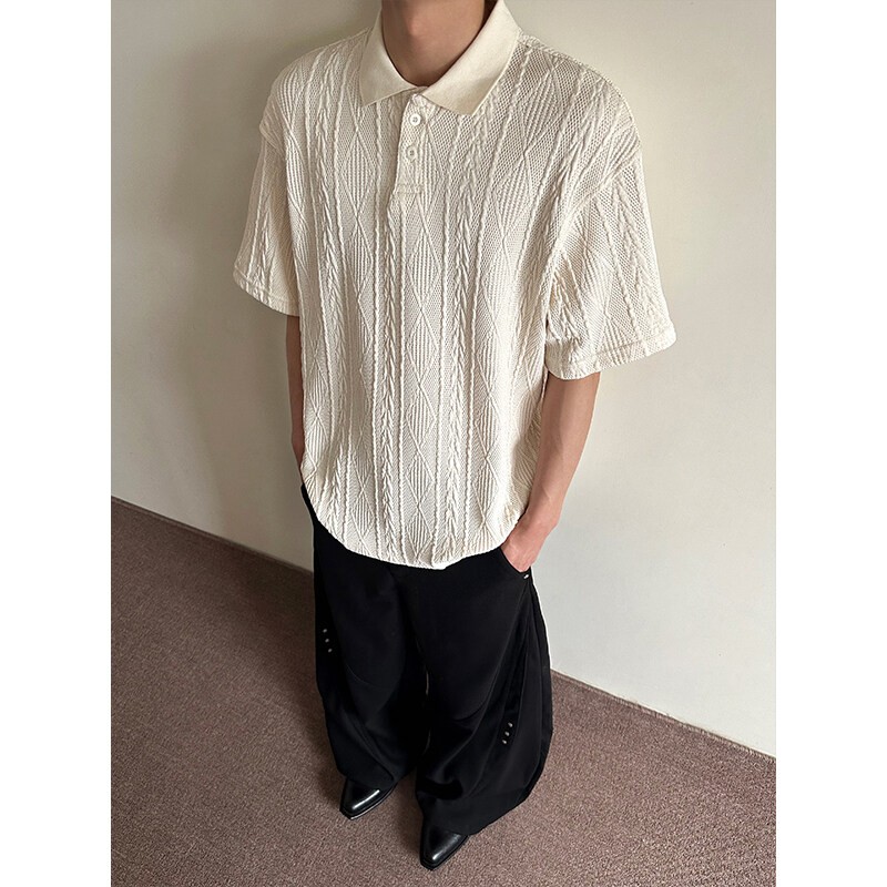 York Zoom夏季新款纹理Polo领短袖T恤老钱风百搭复古小众宽松潮流