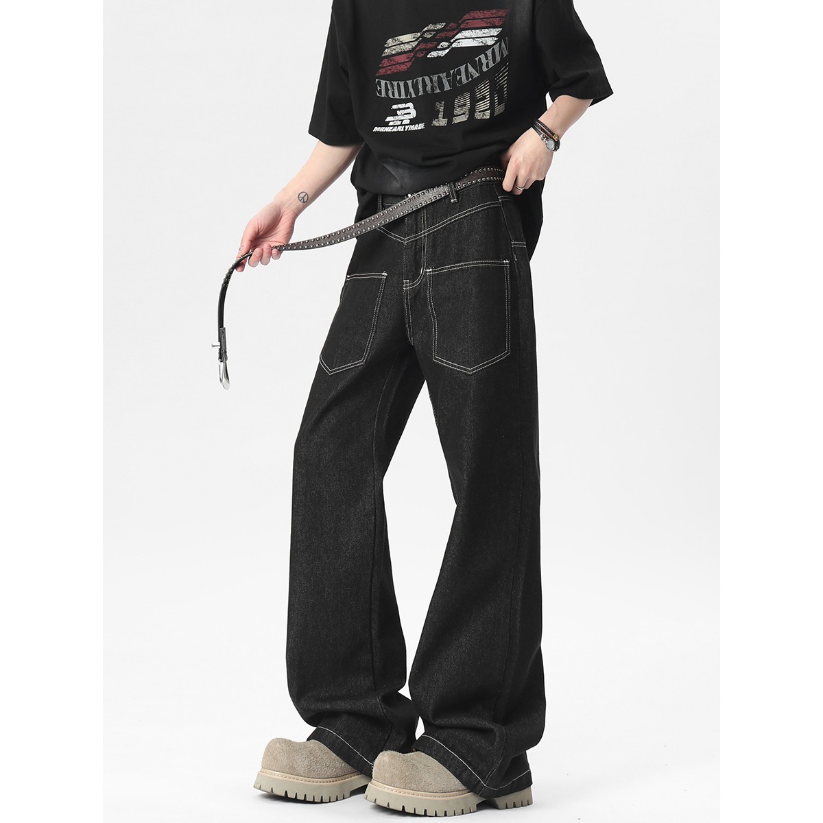 York Zoom夏季美式大口袋微喇设计原牛牛仔裤显高显瘦黑色复古