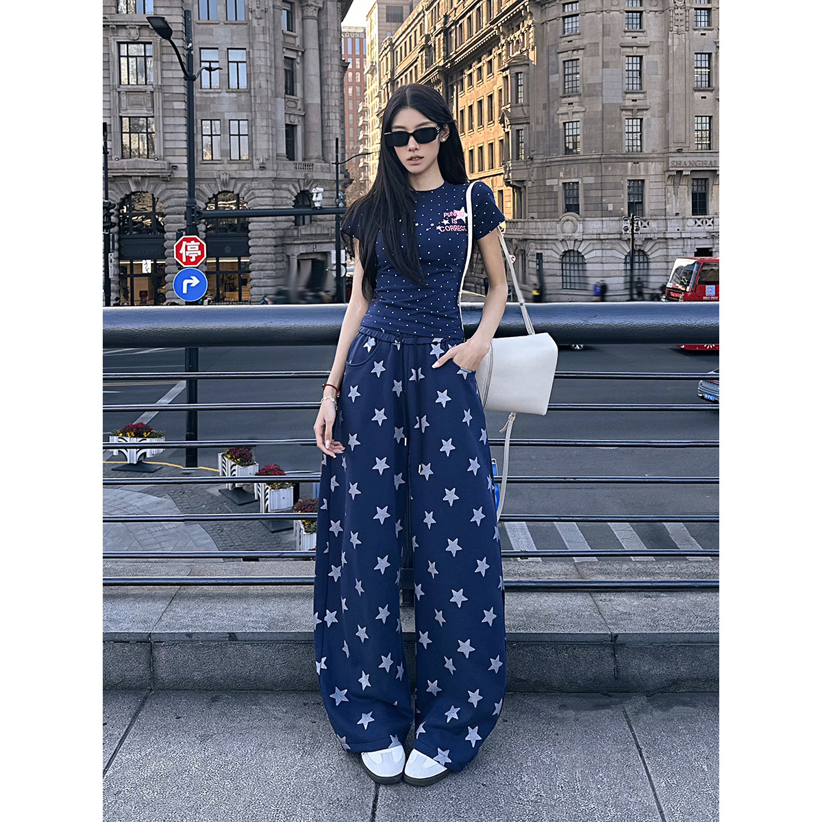 York Zoom夏季新款美式复古星星满印设计感弯刀卫裤宽松阔腿显瘦