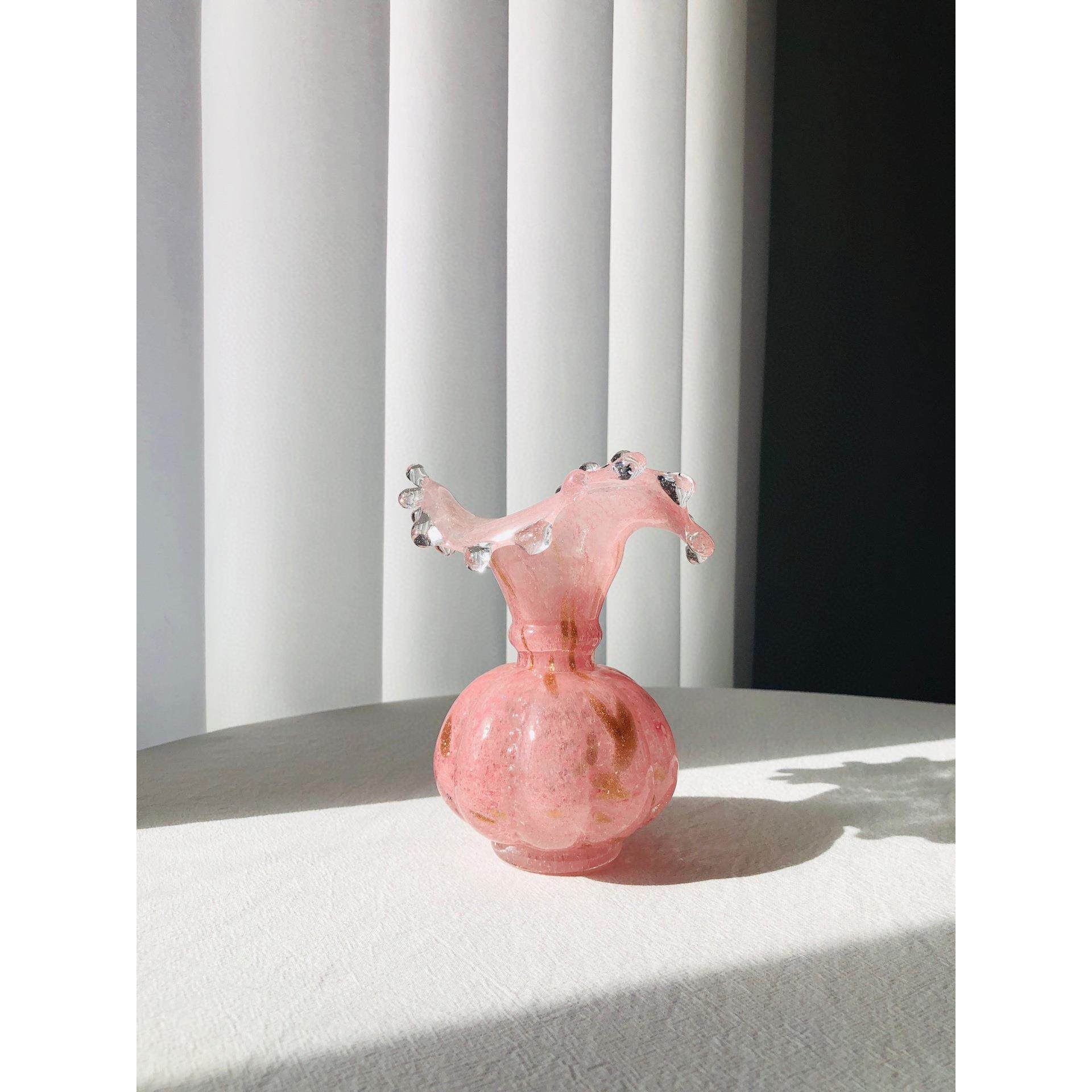 中古玻璃花瓶温柔水滴芬顿雾粉洒金肌理小众复古手工琉璃花器插花