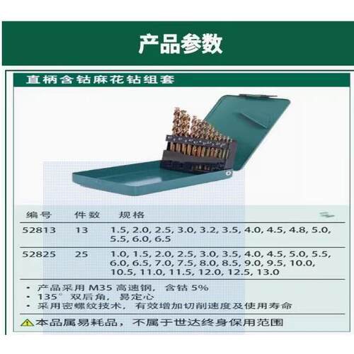 世达工具13件25件直柄含钴麻花钻组套5281352825