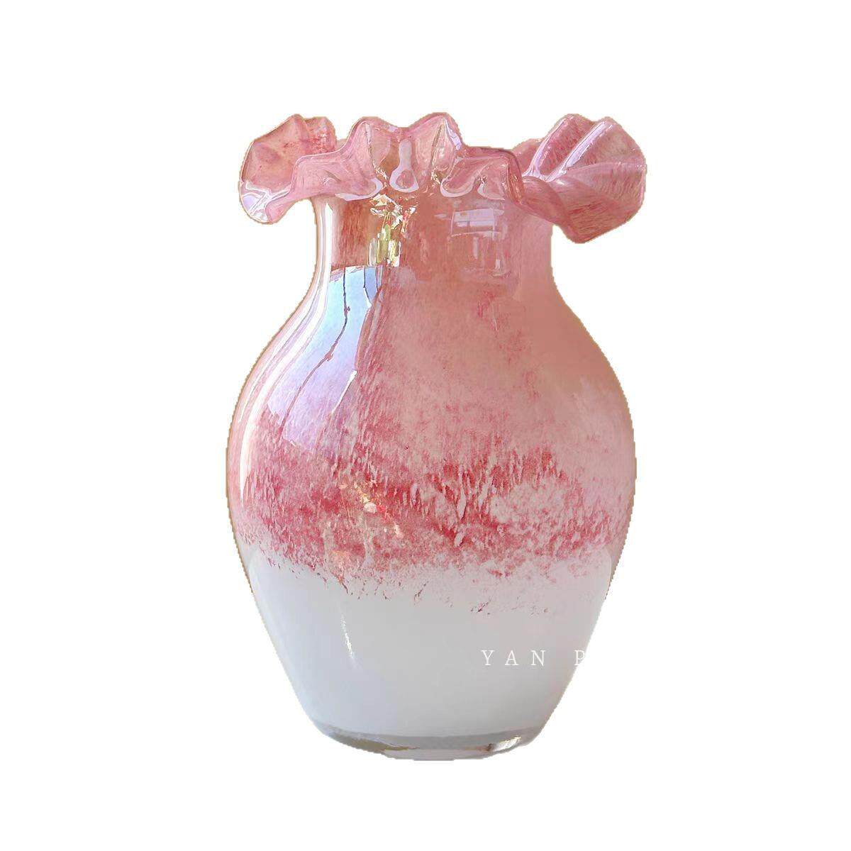 中古混彩花篮琉璃花瓶北欧高档玻璃摆件轻奢家居插花瓶客厅桌面