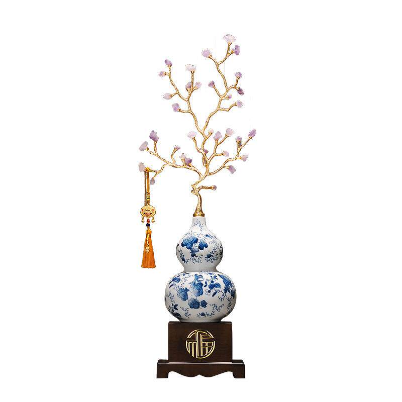 青花瓷水晶葫芦招财摆件客厅玄关办公室装饰高级感冰裂纹乔迁装饰