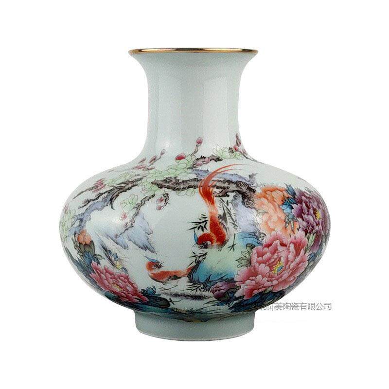景德镇仿古粉彩花鸟花瓶薄胎透光家居陶瓷插花瓶装饰品摆件可logo