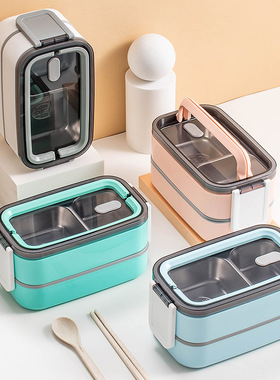 双层304不锈钢饭盒食品级分格便当盒男学生上班族lunch午餐盒box