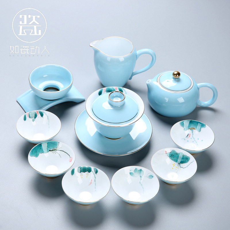 德化白瓷手绘功夫茶具套装家用简约陶瓷盖碗泡茶壶整套喝茶杯