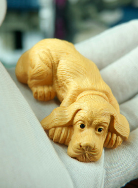 黄杨木雕摆件手把件生肖爬爬狗家居饰品客厅文玩汽车饰品