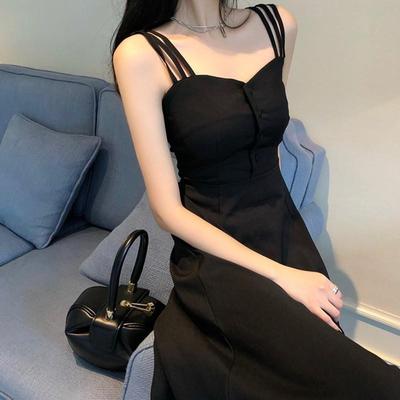 吊带连衣裙子女夏2025年新款小黑裙法式茶歇复古桔梗过膝收腰长裙
