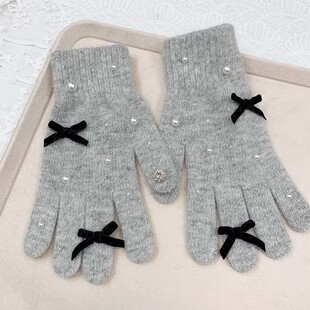 气质珍珠蝴蝶结针织保暖手套女分指百搭学生骑行防风蝴蝶结手套