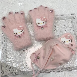 原创韩版卡通kt猫毛绒手套女可爱少女保暖防风百搭粉色蝴蝶结毛绒