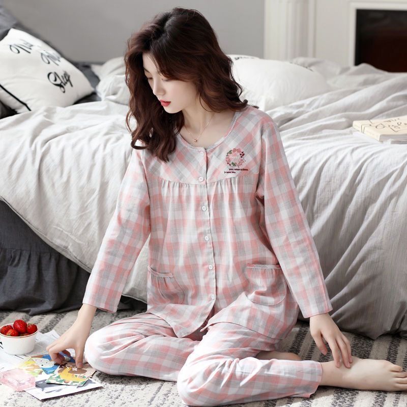 睡衣女纯棉长袖格子秋冬季新款开衫薄款中青年家居服特价套装