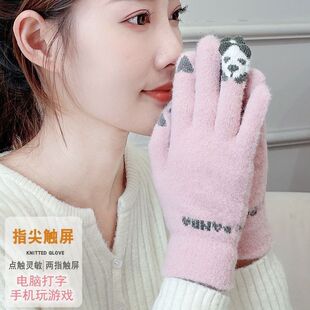 手套秋冬季 可爱加绒加厚骑车五指防寒可触屏棉手套 女保暖学生韩版