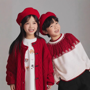 女童红色毛衣外套秋冬装韩版儿童中长款新年装兄妹姐弟装针织开衫