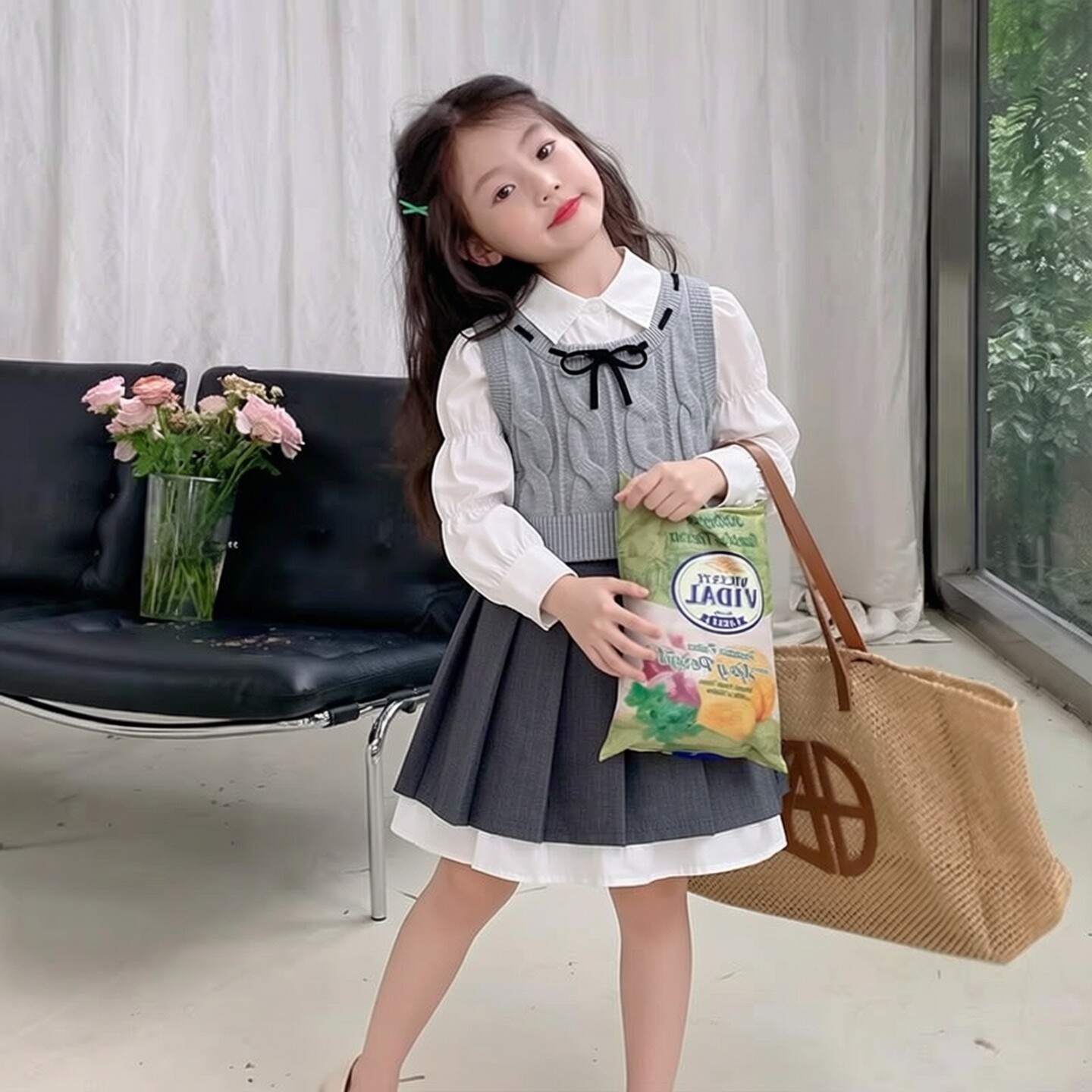 女童套装秋装2026新款儿童学院风百褶裙衬衫三件套小女孩洋气时髦