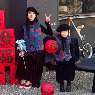 亲子装冬装新中式马甲2026新款国风年服提花缎面加绒母女装拜年服