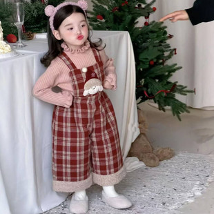 女童加绒背带裤冬装女宝宝可爱新年装穿搭格子长裤儿童加厚阔裤腿
