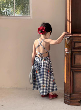 女童巨好看格子露背清凉吊带裙