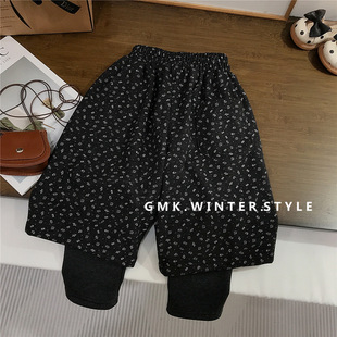 女童裤子假两件冬装儿童一体绒森系碎花阔裤腿女宝洋气时髦束脚裤