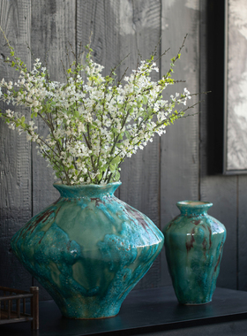 侘寂风绿色陶瓷花瓶复古怀旧粗陶罐禅意插花摆件民宿酒店装饰花器