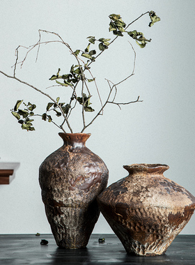 景德镇侘寂风禅意摆件大粗陶罐手工插花民宿酒店复古怀旧陶瓷花瓶