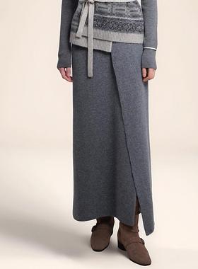 Gentle Forest羊绒极简H型优雅前开衩针织半身长裙