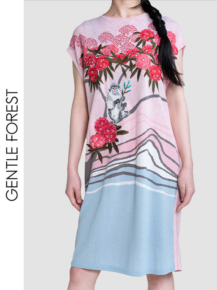Gentle Forest【哈尼】醋酸棉马缨花刺绣直身无袖圆领针织连衣裙
