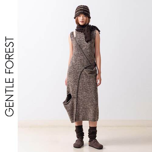 Gentle Forest【不染】牦牛绒不对称破缝圆领无袖针织连衣裙
