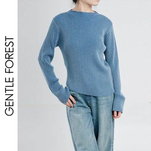 Gentle Forest【白】艺术感烟管领不对称下摆螺纹针织套头衫