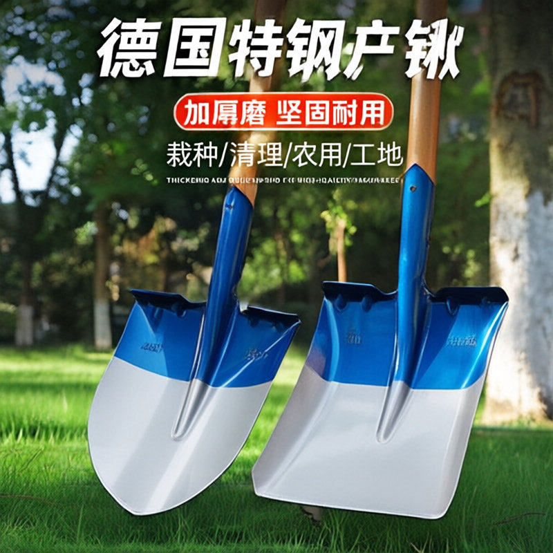 蓝色钢锹钢铲铁锨淬火锰钢大铲园林木柄植树铲子户外尖方煤农用锹