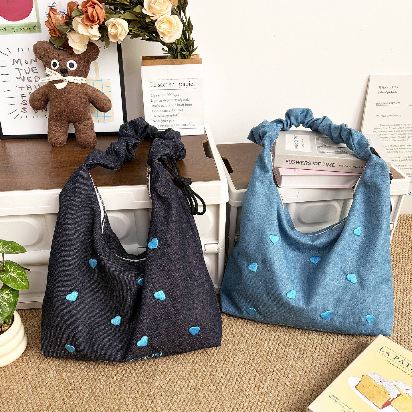 跨境小众设计褶皱抽绳单肩包大容量刺绣牛仔包可调节斜挎包通勤包,箱包皮具/热销女包/男包,托特包,淘宝优惠券,粉丝福利购,淘宝优惠卷