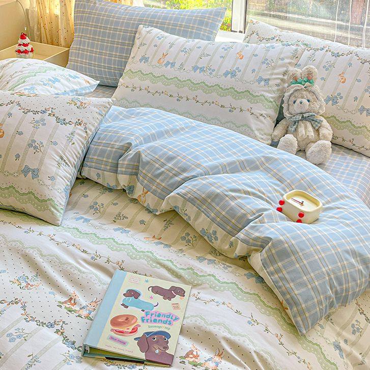 ins卡通纯棉床上四件套100全棉儿童床品学生宿舍被套床单人三件套