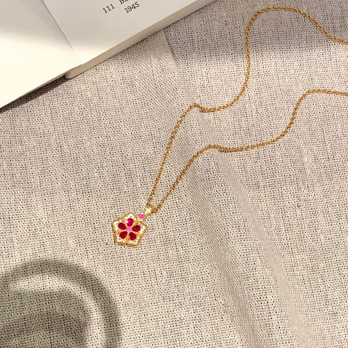 双面戴仿红宝石金色花朵吊坠项链