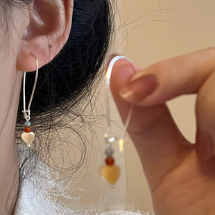 S925纯银新中式 高级感小众独特气质耳坠 爱心串珠吊坠耳环2025新款