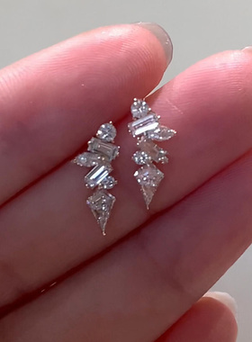 清冷感不规则几何拼接仿锆石耳环女小众设计感独特漂亮方圆脸耳饰